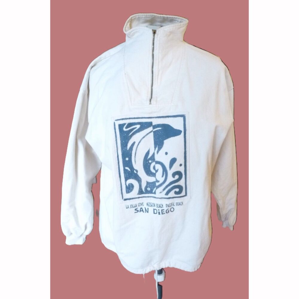 Vintage La Jolla 100% Cotton High Neck half zip Sweatshirt Dolphin Print S/M-XL